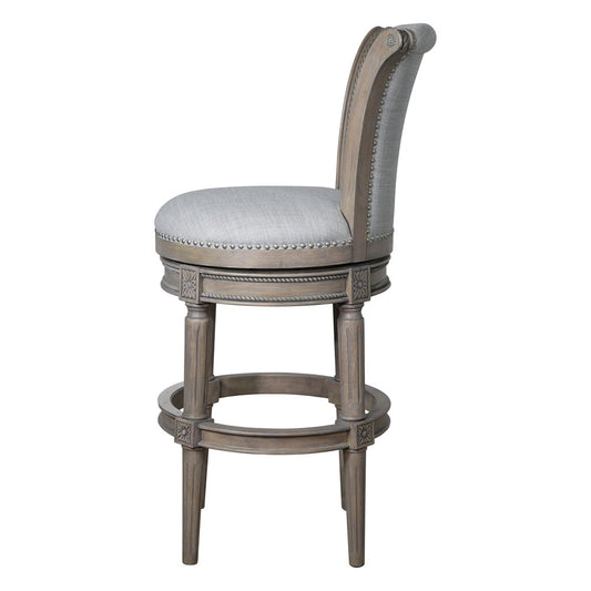 30" Gray Solid Wood and Linen Bar Height Swivel Bar Chair