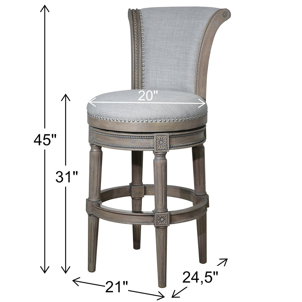 30" Gray Solid Wood and Linen Bar Height Swivel Bar Chair