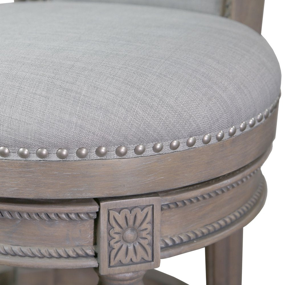 30" Gray Solid Wood and Linen Bar Height Swivel Bar Chair