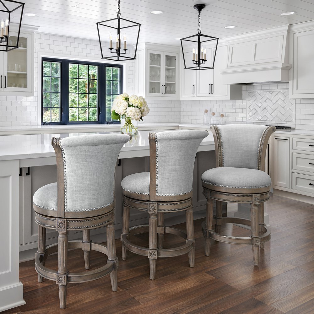 25" Gray Solid Wood and Fabric Counter Height Swivel Bar Chair