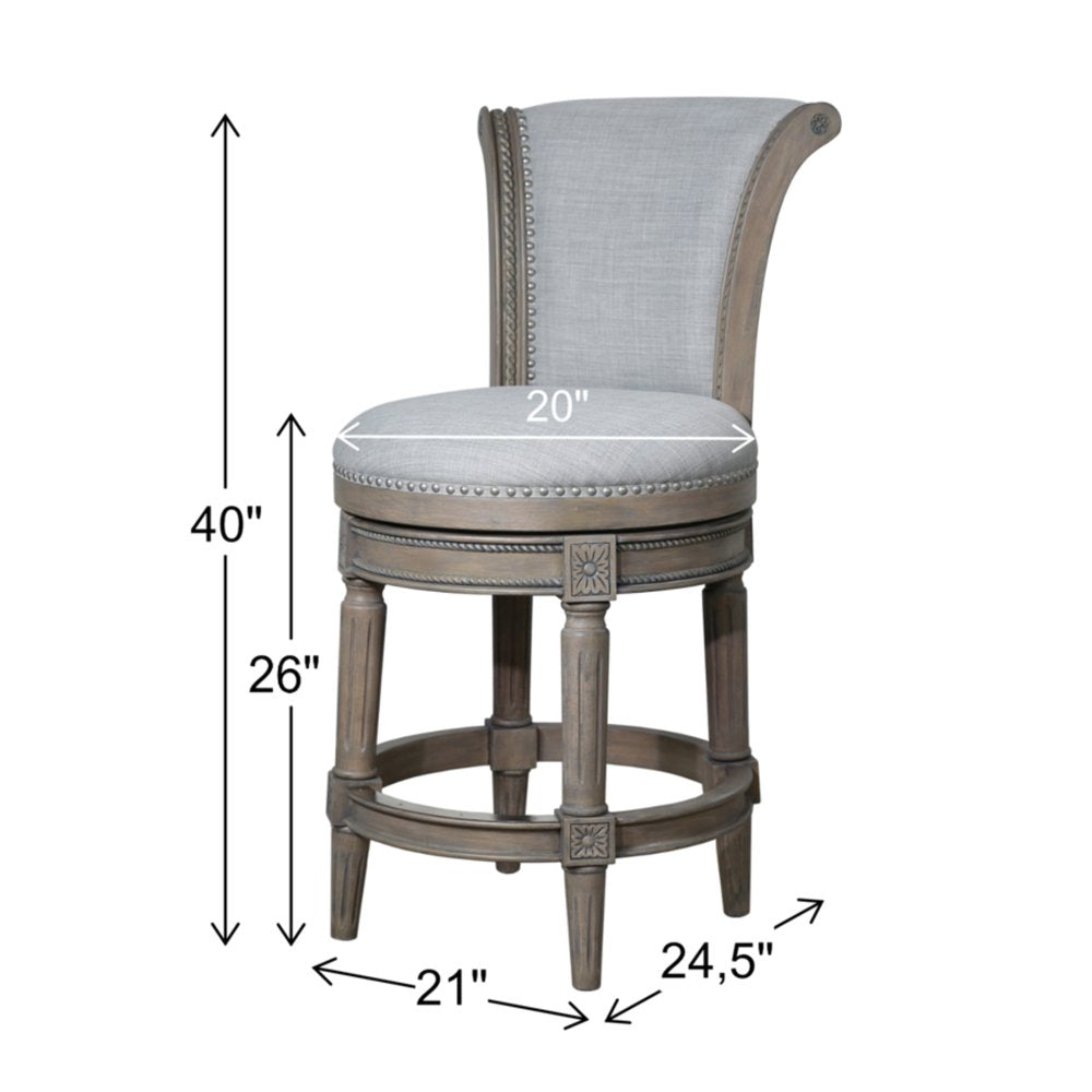 25" Gray Solid Wood and Fabric Counter Height Swivel Bar Chair