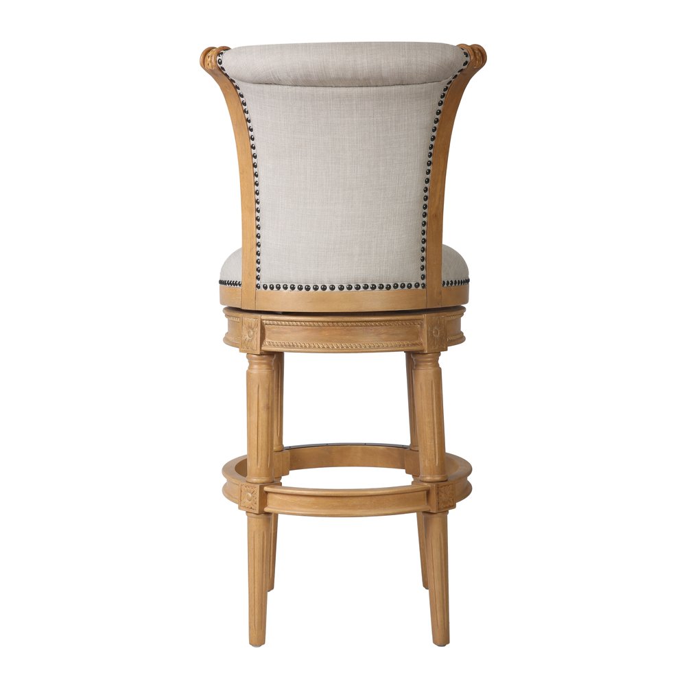 30" Beige and Natural Fabric and Solid Wood Bar Height Swivel Bar Chair