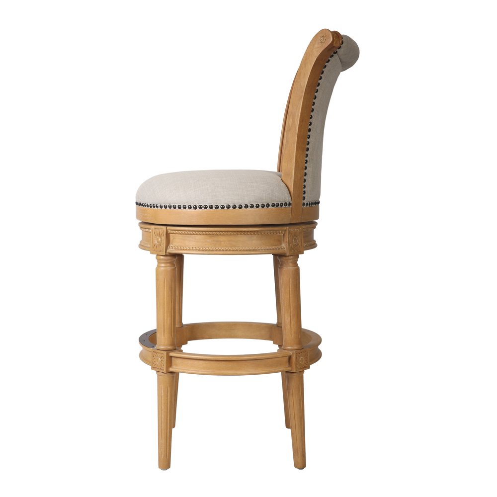 30" Beige and Natural Fabric and Solid Wood Bar Height Swivel Bar Chair