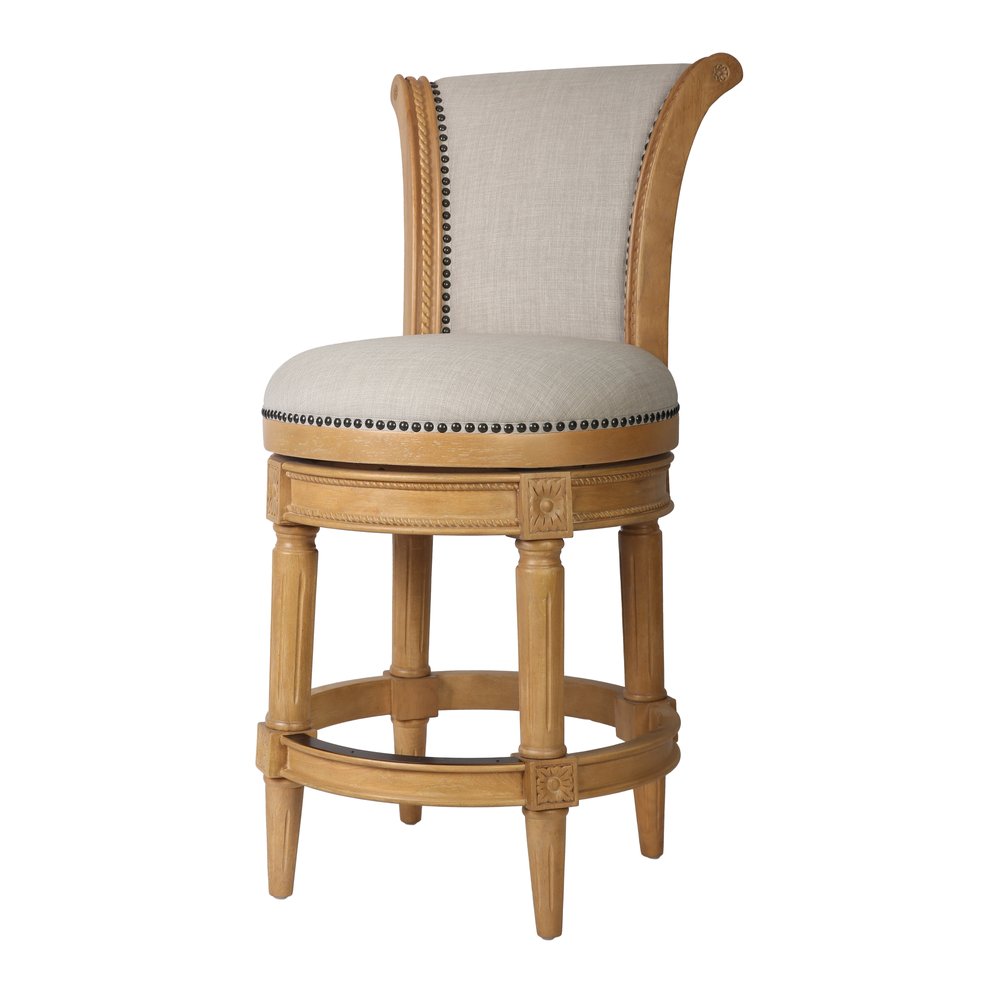 25" Beige and Natural Fabric and Solid Wood Counter Height Swivel Bar Chair
