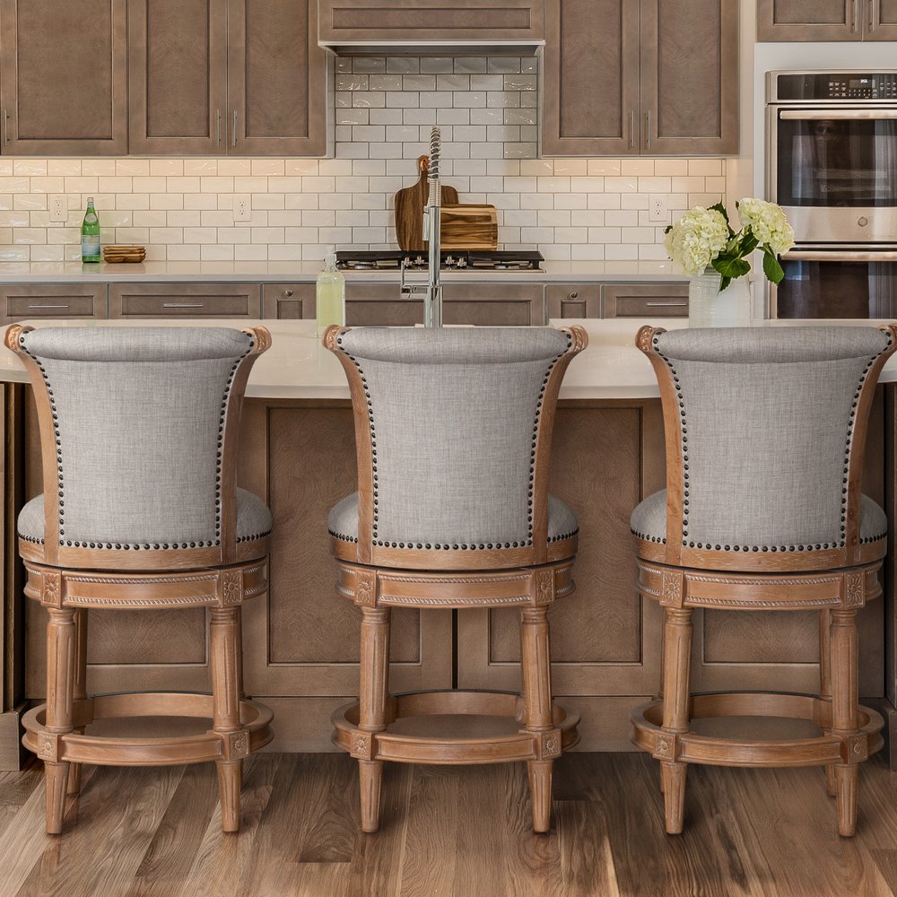 25" Beige and Natural Fabric and Solid Wood Counter Height Swivel Bar Chair