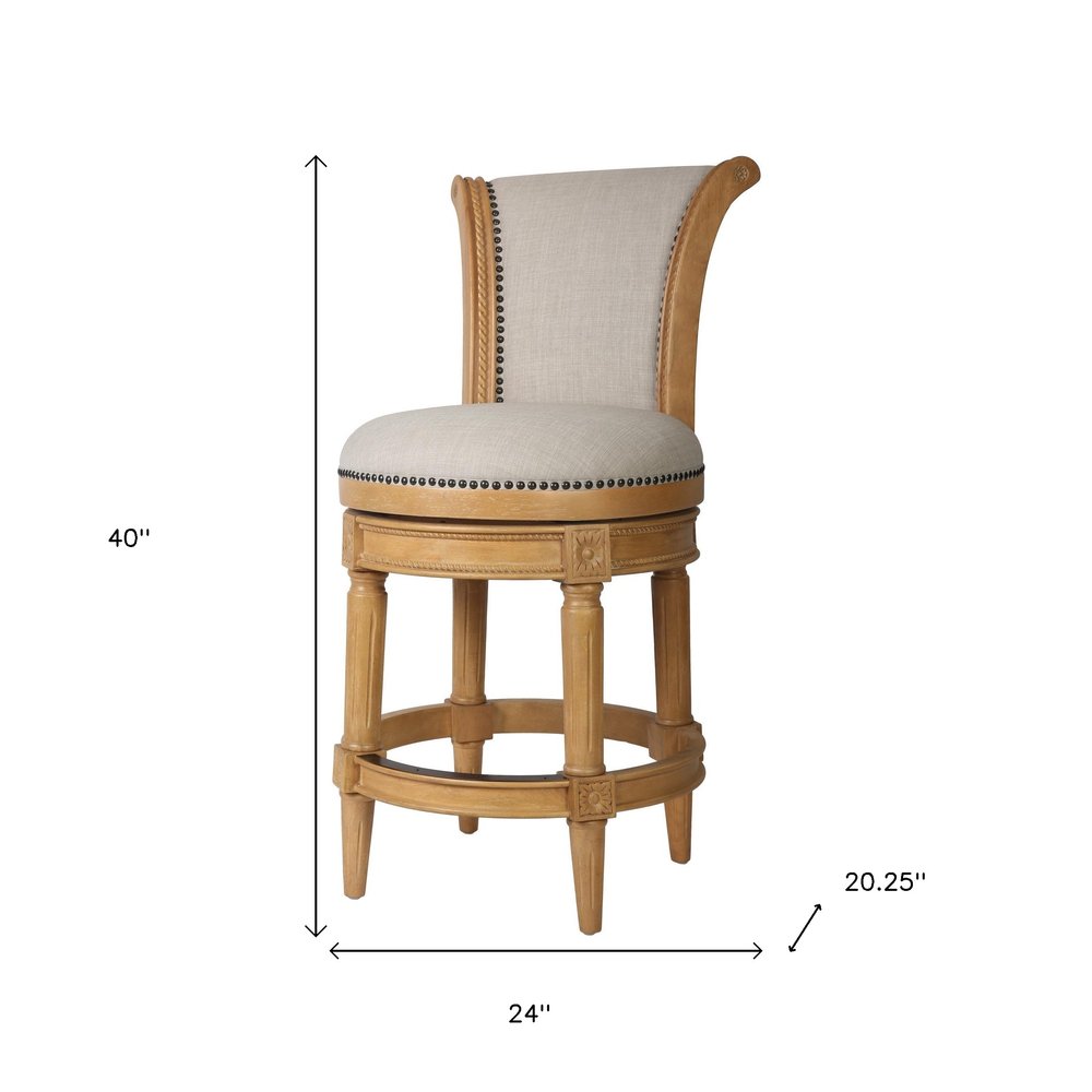25" Beige and Natural Fabric and Solid Wood Counter Height Swivel Bar Chair