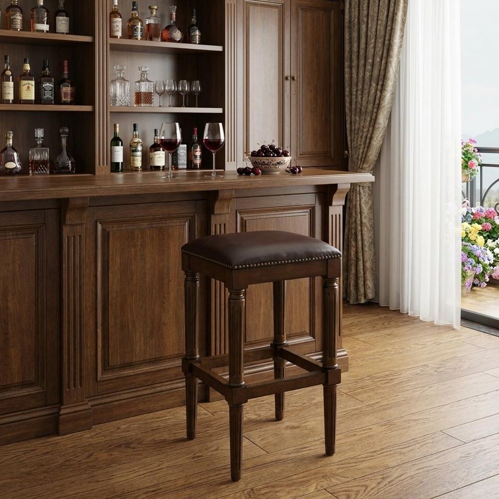 31" Brown And Dark Brown Solid Wood Backless Bar Height Bar Chair
