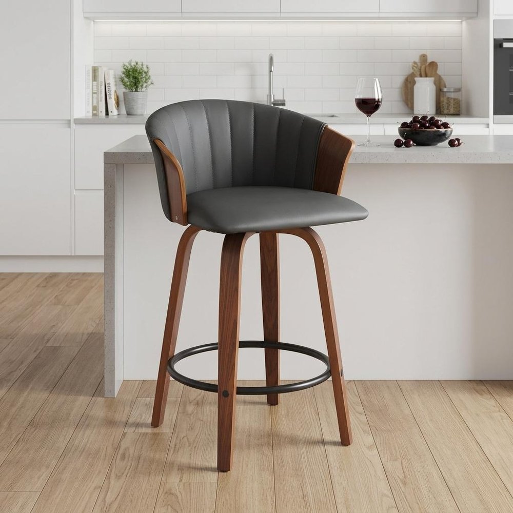 26" Gray and Wood Brown Faux Leather with Solid Wood Swivel Counter Height Bar Chair