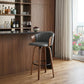 30" Gray And Wood Brown Faux Leather Swivel Bar Height Bar Chair