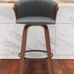 30" Gray And Wood Brown Faux Leather Swivel Bar Height Bar Chair