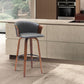 30" Gray And Wood Brown Faux Leather Swivel Bar Height Bar Chair