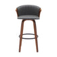 30" Gray And Wood Brown Faux Leather Swivel Bar Height Bar Chair