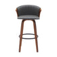 30" Gray And Wood Brown Faux Leather Swivel Bar Height Bar Chair