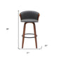 30" Gray And Wood Brown Faux Leather Swivel Bar Height Bar Chair