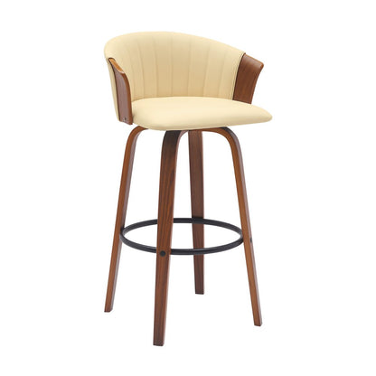 30" Cream And Wood Brown Faux Leather Swivel Bar Height Bar Chair