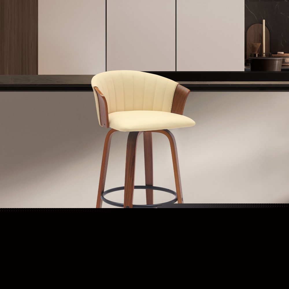 30" Cream And Wood Brown Faux Leather Swivel Bar Height Bar Chair