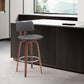 26" Gray And Wood Brown Faux Leather Swivel Low Back Counter Height Bar Chair