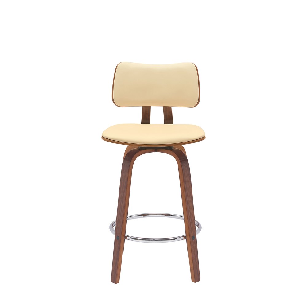 26" Cream And Wood Brown Faux Leather Swivel Low Back Counter Height Bar Chair