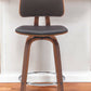 26" Brown And Wood Brown Faux Leather Swivel Low Back Counter Height Bar Chair