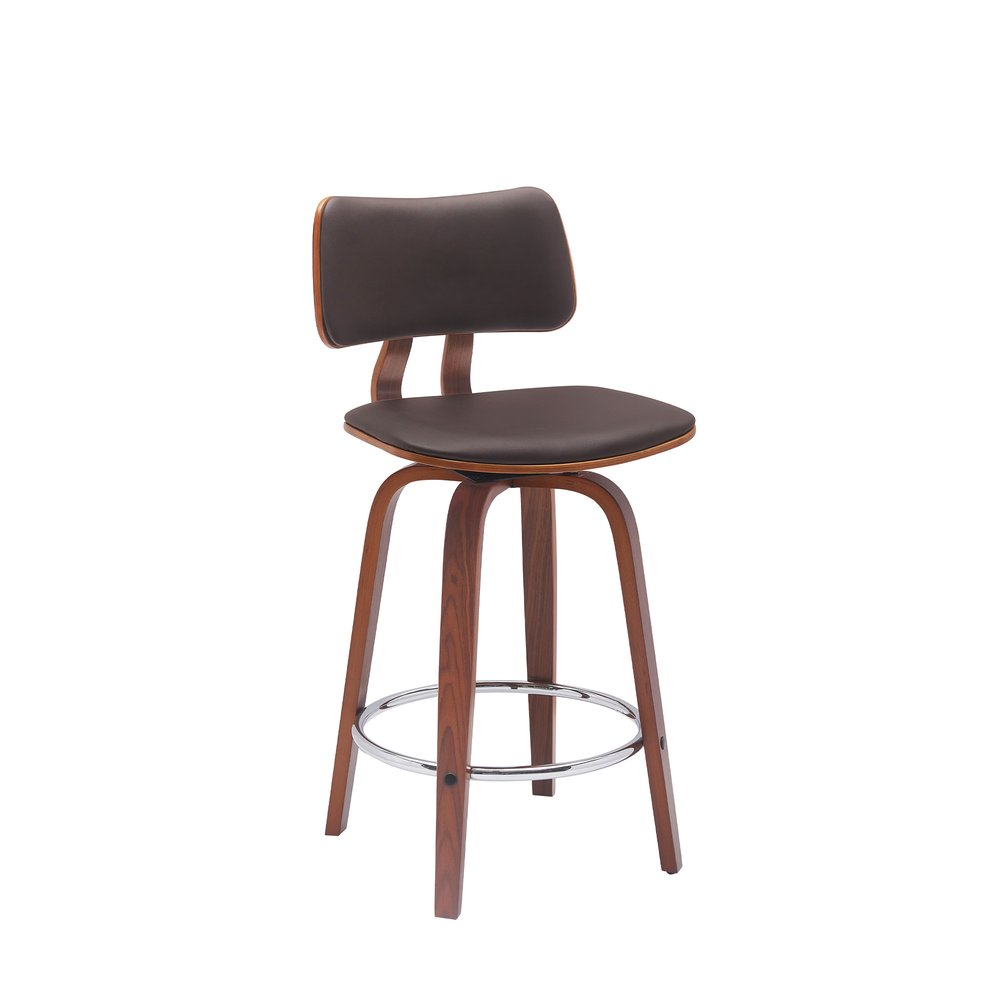 26" Brown And Wood Brown Faux Leather Swivel Low Back Counter Height Bar Chair