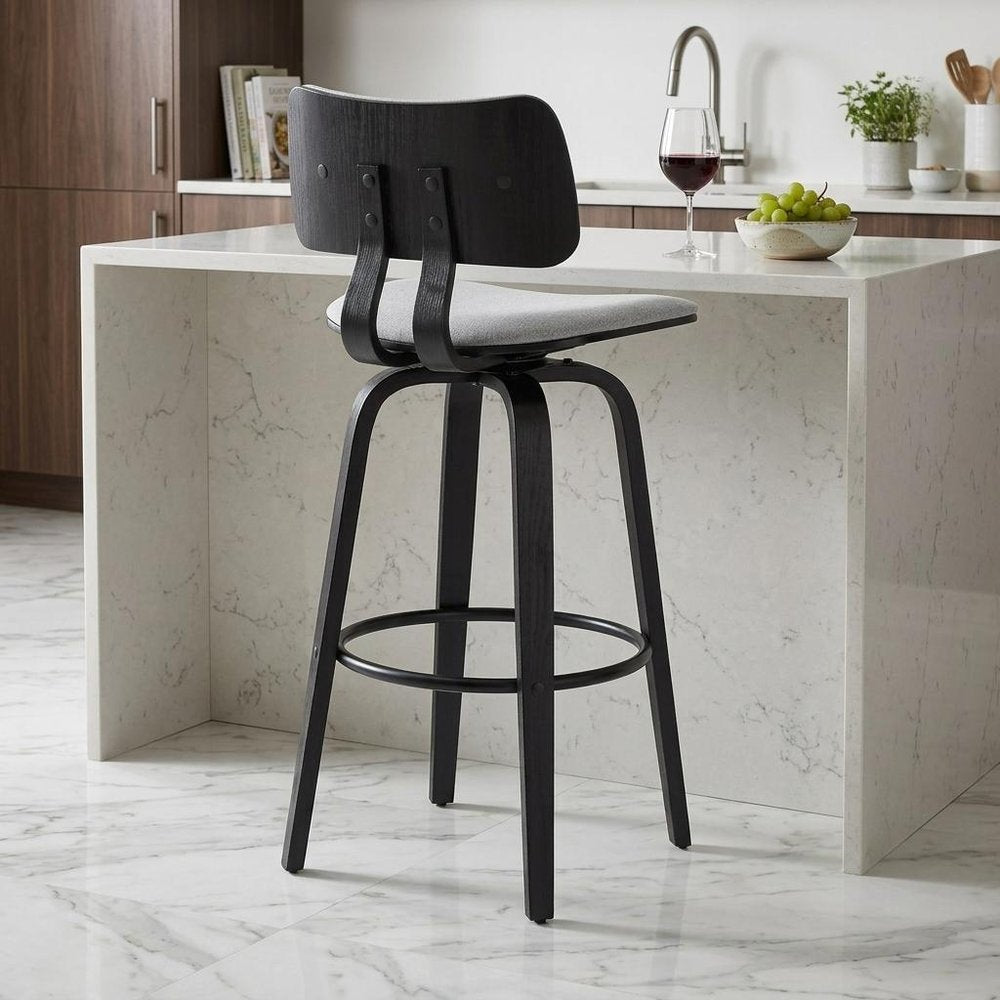 26" Light Gray And Black Fabric Swivel Low Back Counter Height Bar Chair