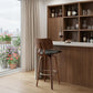 30" Gray And Wood Brown Faux Leather Swivel Low Back Bar Height Bar Chair