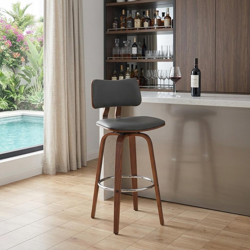 30" Gray And Wood Brown Faux Leather Swivel Low Back Bar Height Bar Chair
