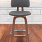 30" Gray And Wood Brown Faux Leather Swivel Low Back Bar Height Bar Chair