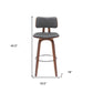 30" Gray And Wood Brown Faux Leather Swivel Low Back Bar Height Bar Chair
