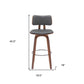 30" Gray And Wood Brown Faux Leather Swivel Low Back Bar Height Bar Chair