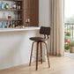 30" Brown And Wood Brown Faux Leather Swivel Low Back Bar Height Bar Chair