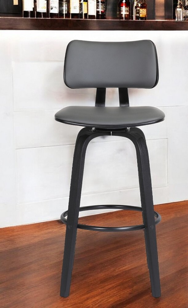 30" Gray And Black Faux Leather Swivel Low Back Bar Height Bar Chair