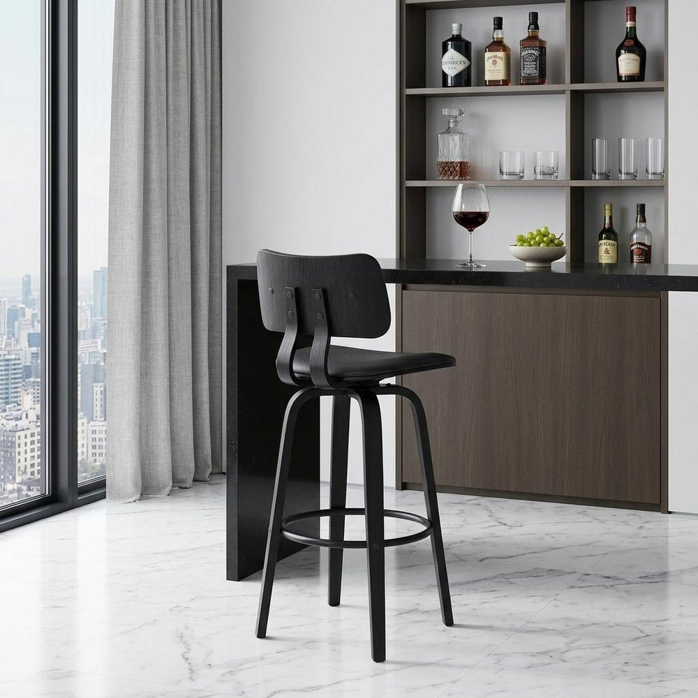 30" Gray And Black Faux Leather Swivel Low Back Bar Height Bar Chair