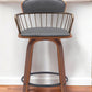 26" Gray And Wood Brown Faux Leather Swivel Low Back Counter Height Bar Chair