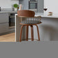 26" Gray And Wood Brown Faux Leather Swivel Low Back Counter Height Bar Chair