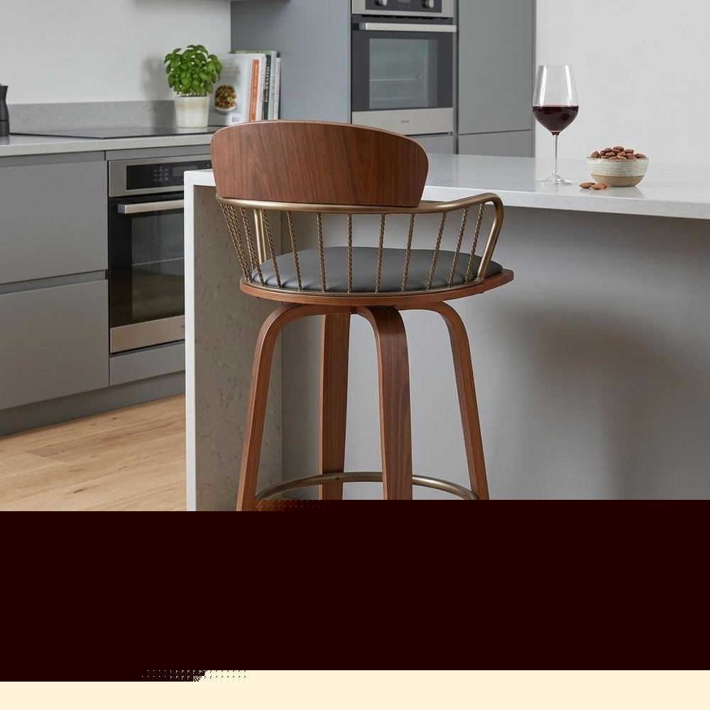 26" Gray And Wood Brown Faux Leather Swivel Low Back Counter Height Bar Chair