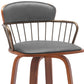 30" Gray And Wood Brown Faux Leather Swivel Low Back Bar Height Bar Chair