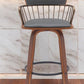 30" Gray And Wood Brown Faux Leather Swivel Low Back Bar Height Bar Chair