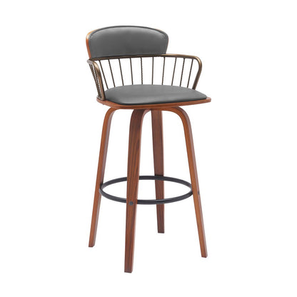 30" Gray And Wood Brown Faux Leather Swivel Low Back Bar Height Bar Chair