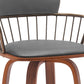 30" Gray And Wood Brown Faux Leather Swivel Low Back Bar Height Bar Chair