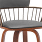 30" Gray And Wood Brown Faux Leather Swivel Low Back Bar Height Bar Chair