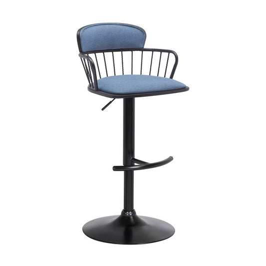 Blue and Black Fabric with Metal Swivel Low Back Adjustable Height Bar Chair