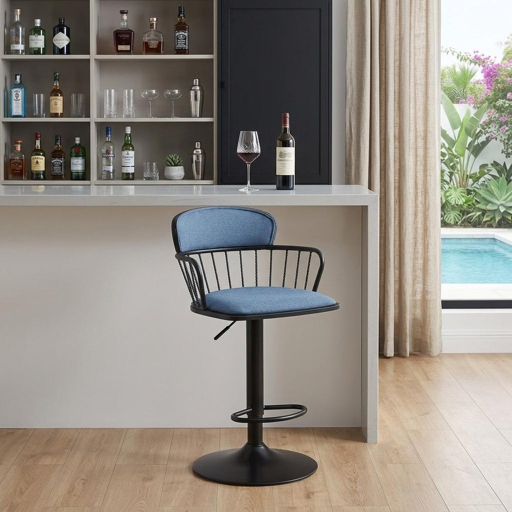 Blue and Black Fabric with Metal Swivel Low Back Adjustable Height Bar Chair