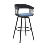 31" Blue and Black Fabric with Metal Swivel Bar Height Bar Chair