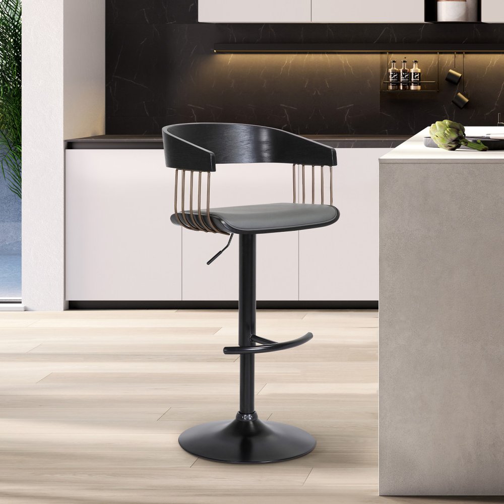 Gray and Black Faux Leather with Metal Swivel Adjustable Height Bar Chair