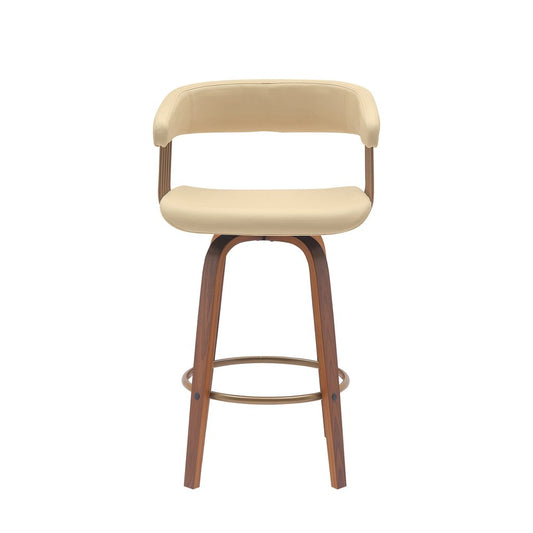 26" Cream And Wood Brown Faux Leather Swivel Counter Height Bar Chair