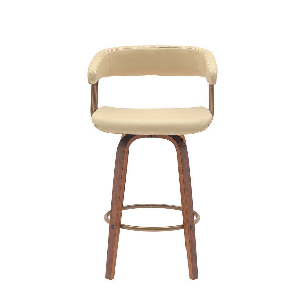 26" Cream And Wood Brown Faux Leather Swivel Counter Height Bar Chair