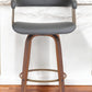 26" Gray And Wood Brown Faux Leather Swivel Counter Height Bar Chair