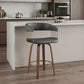 26" Gray And Wood Brown Faux Leather Swivel Counter Height Bar Chair