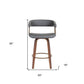 26" Gray And Wood Brown Faux Leather Swivel Counter Height Bar Chair
